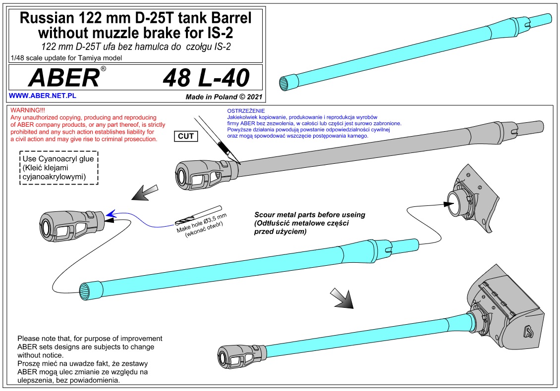 Aber 48 L-40 - Russian 122 mm D-25T tank barrel for IS-2 for Tamiya model 1/48